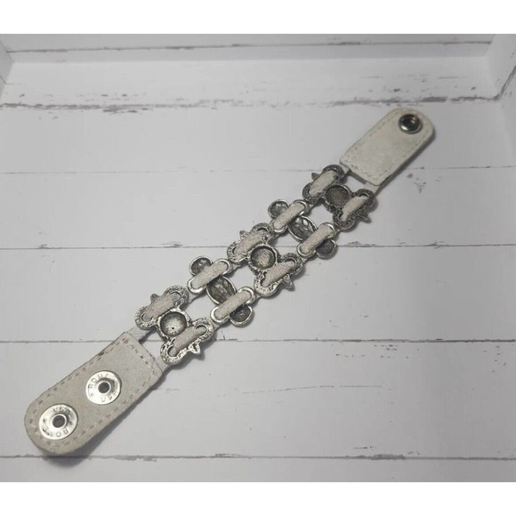 Leatherock White Multi Strand Leather Snap Bracelet Rhinestone Cuff 7.5"L x 1" W - Picture 3 of 11